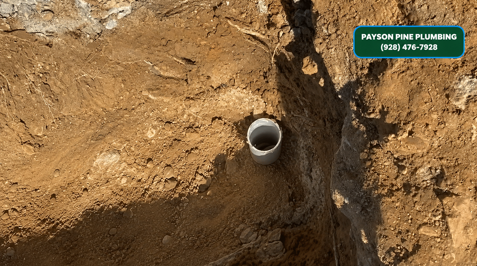 Exposed sewer line cleanout in an excavation in Payson, Arizona