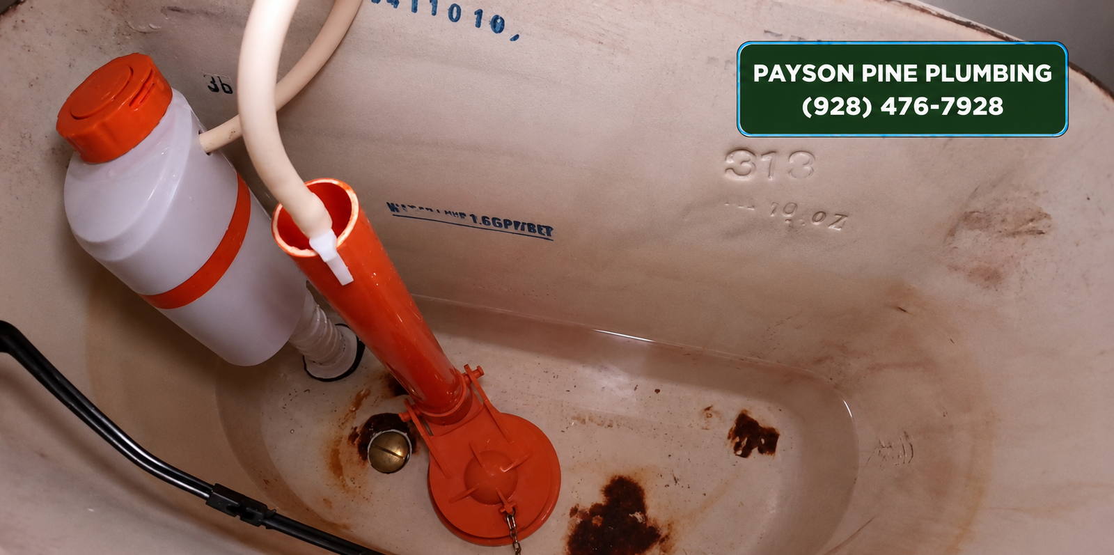 Interior of a toilet tank being rebuilt with a new fill valve and flapper