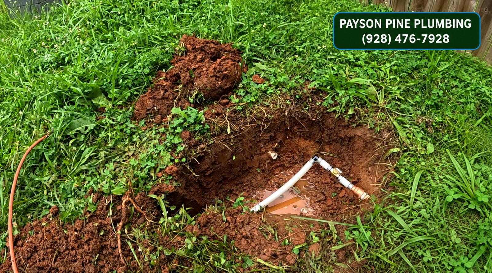 Excavated water line leak repair in a Payson, Arizona yard
