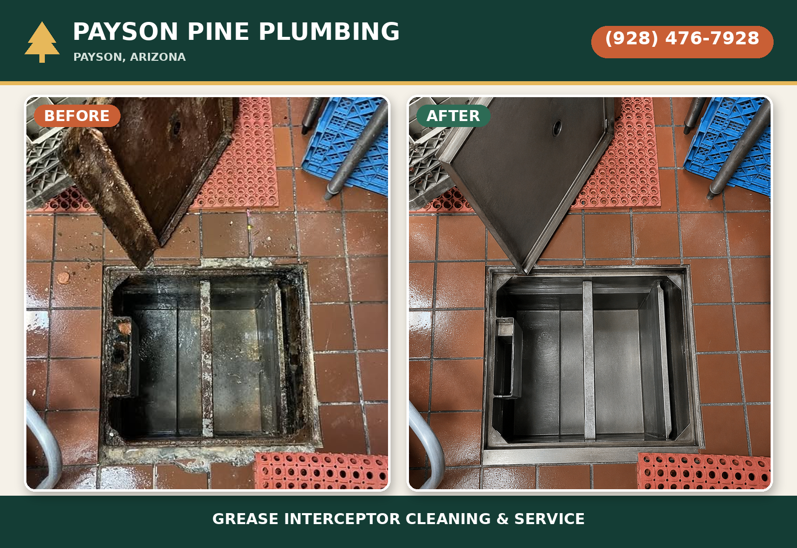 Before and after of a commercial grease interceptor cleaned and serviced by Payson Pine Plumbing in Payson, Arizona